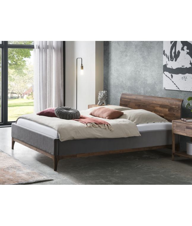 HASENA - Lit capitonné avec tête et pieds de lit en noyer massif