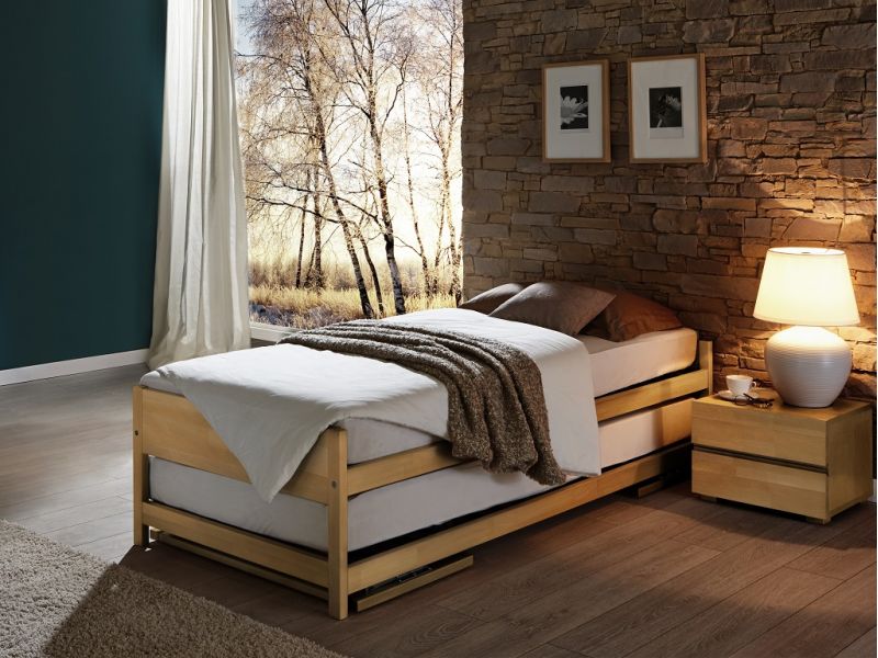 Lit gigogne Lido en hêtre naturel. Hasena fabricant Suisse. Meuble chambre. Le Monde du Lit