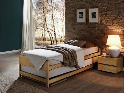 Lit gigogne Lido en hêtre naturel. Hasena fabricant Suisse. Meuble chambre. Le Monde du Lit