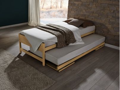 Lit gigogne Lido en hêtre naturel. Hasena fabricant Suisse. Meuble chambre. Le Monde du Lit