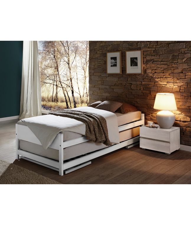 Lit gigogne Lido en hêtre blanc. Hasena fabricant Suisse. Meuble chambre. Le Monde du Lit