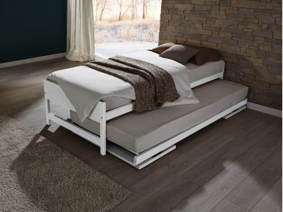 Lit gigogne Lido en hêtre blanc. Hasena fabricant Suisse. Meuble chambre. Le Monde du Lit