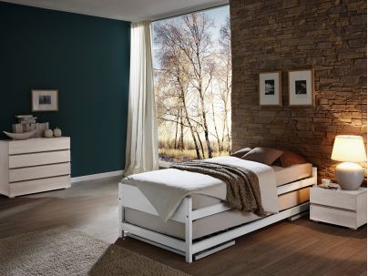 Lit gigogne Lido en hêtre blanc. Hasena fabricant Suisse. Meuble chambre. Le Monde du Lit