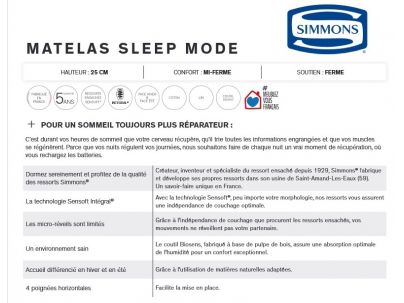 Matelas Sleep Mode, Marque Simmons - Fabrication Française. Le Monde du Lit