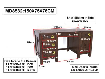 Bureau Pattani en hevea massif de qualité. Fabrication artisanale.