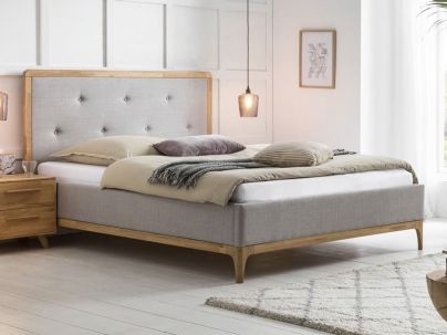 HASENA - Lit capitonné avec contour de tête et pieds de lit en chêne massif